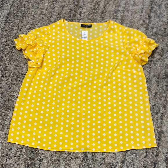 Lane Bryant Tops - NWT Lane Bryant, yellow white polkadot blouse with ruffles sleeve size 16